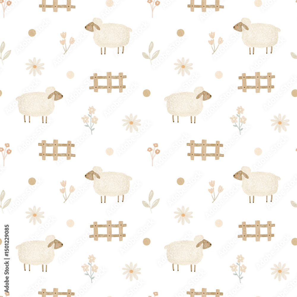 Fototapeta premium Cute sheep wander through a rustic meadow in this seamless pattern. Perfect for baby decor or textile print.