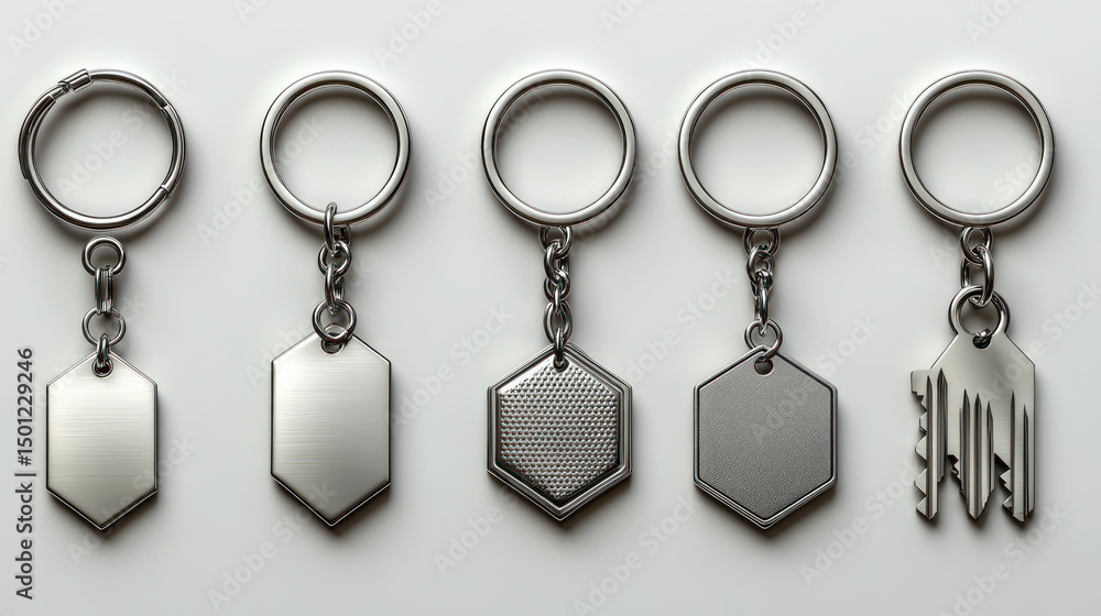 Metal keychains row on white background Metal keychains row on white background
