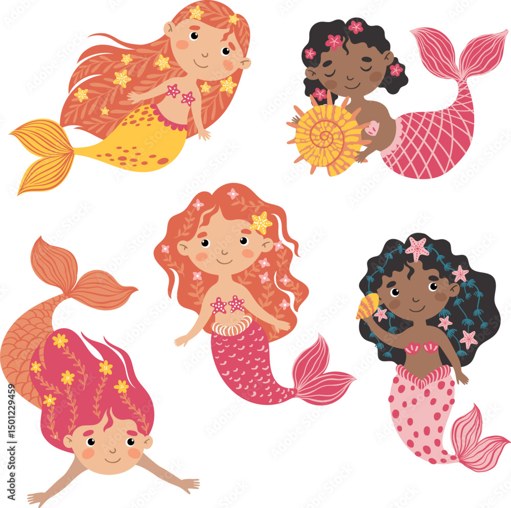 custom made wallpaper toronto digitalVector illustration set of 5 cute mermaids in whimsical style with bright pink colors. Isolated on white background. Perfect for kids' designs, stickers, party decor, and fantasy-themed projects.