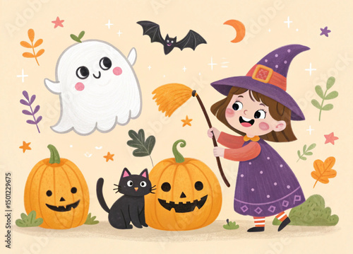 Wallpaper Mural Spooky Halloween Illustration – Haunted Night Scene with Pumpkins, Ghosts, and Full Moon
 Torontodigital.ca