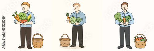 Illustration of young European man standing holding harvested vegetables, light blue shirt and black pants