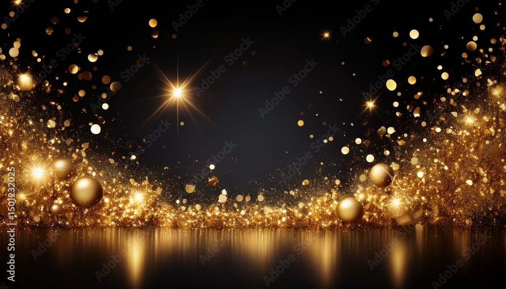 Naklejka premium 黒い背景に無数の金色のアクセント、真ん中に空間、キラキラ、スタイリッシュに仕上げる Generated by AI