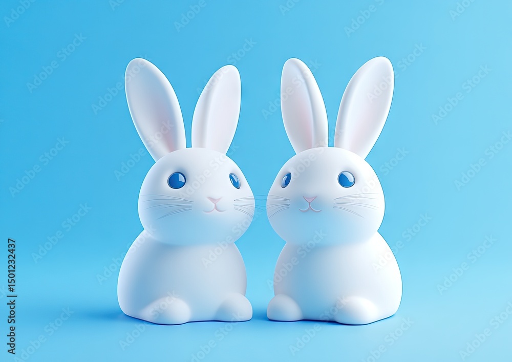 Two cartoonish, white rabbits sit side-by-side against a light-blue background. Their large, rounded bodies and upturned ears are smooth and simple Two cartoonish, white rabbits sit side-by-side against a light-blue background. Their large, rounded bodies and upturned ears are smooth and simple