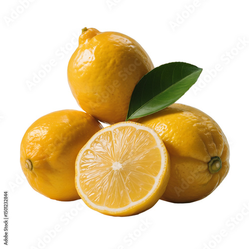 Fresh Yellow Lemons with Green Leaf, Close-up Studio Shot