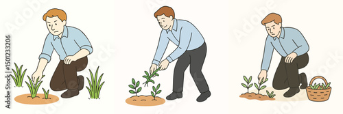 Illustration of young European man pulling weeds in garden, light blue shirt and black pants