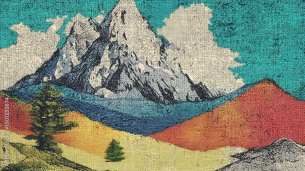 Obraz premium Embroidery of mountain scene on knitted fabric, great for outdoor lifestyle branding, cozy product templates, and rustic textiles.