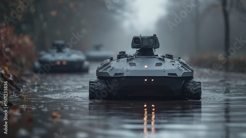 A row of robots drive through a street, through the rain and leaves, under the grey sky