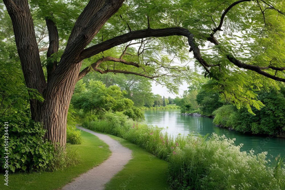 Verdant path meanders by a serene river, evoking Earth Day's tranquil green embrace, whispering tales of Arbor Day reflection Verdant path meanders by a serene river, evoking Earth Day's tranquil green embrace, whispering tales of Arbor Day reflection