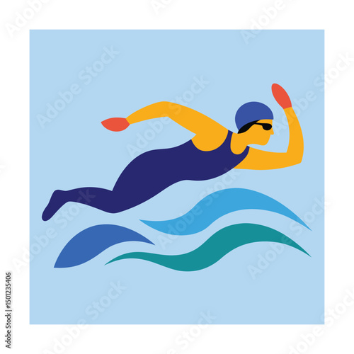 Colorful illustrated swimmer performing a freestyle stroke in water with abstract waves