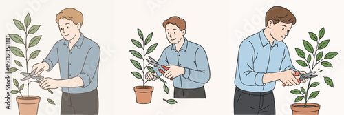 Illustration of young man cutting plant stem with garden shears, light blue t-shirt and black pants