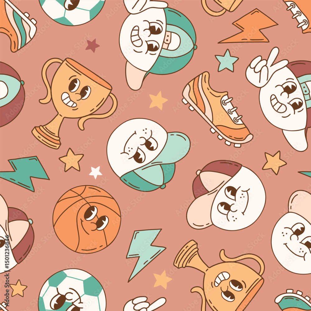 Fototapeta premium Seamless vector pattern with retro sport characters. Hand drawn ball game wallpaper. EPS 10 vector file. Perfect for textile, wallpaper or nursery print design.