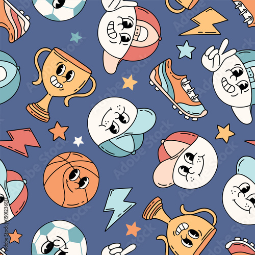 Seamless vector pattern with retro sport characters. Hand drawn ball game wallpaper. EPS 10 vector file. Perfect for textile, wallpaper or nursery print design.