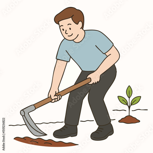 Image of young European man hoeing the ground with focused expression, light blue clothes and black pants