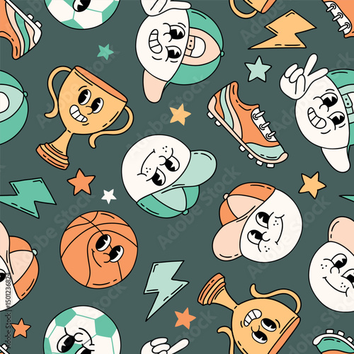 Seamless vector pattern with retro sport characters. Hand drawn ball game wallpaper. EPS 10 vector file. Perfect for textile, wallpaper or nursery print design.