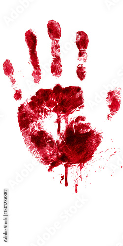 vertical bloody hand shape handprint isolated over transparent (white) background; concept of murder, crime, scary halloween banner element
