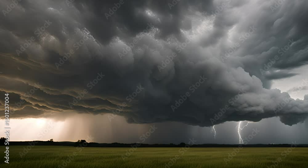 Dark Storm Clouds over Green Field with Lightning Dark Storm Clouds over Green Field with Lightning