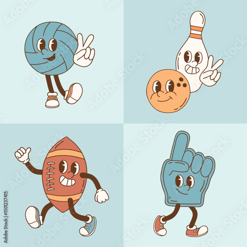 Retro vector sport characters. Hand drawn ball game and racket sport illustration. Perfect for sticker, tee shirt logo, greeting card, poster or nursery print design. EPS 10 vector file.