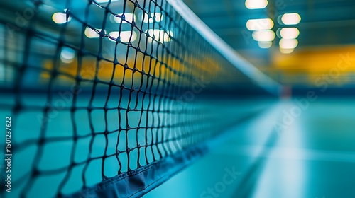 badminton net close up blurred players lunging and jumping in background vibrant indoor court lighting