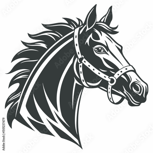 Elegant black and white horse head vector graphic with bridle illustration