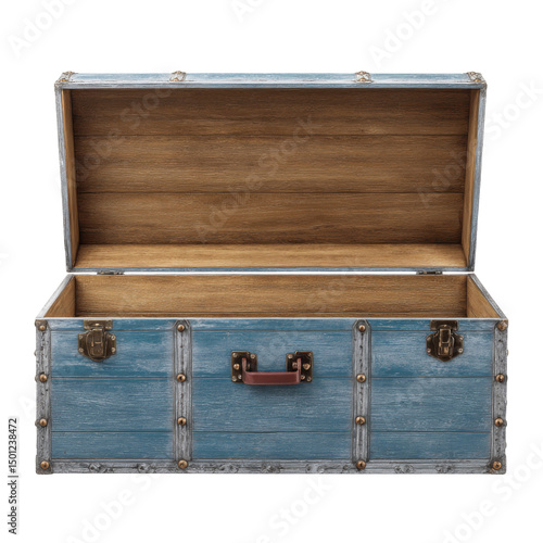 Open, blue wooden chest isolated on transparent background