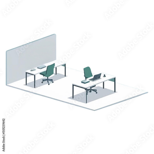 Isometric office space with desks chairs and laptops for business productivity