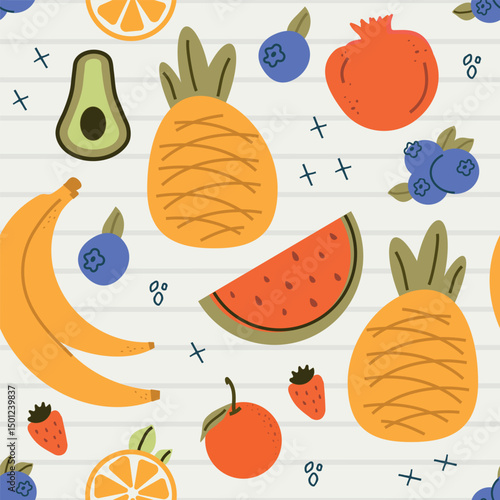 Seamless pattern with summer fruits. banana, lemon, watermelon, avoado, flat children's background with dessert, food. graphics for print, holidays, wallpaper, banners, surface texture, fabric. art
