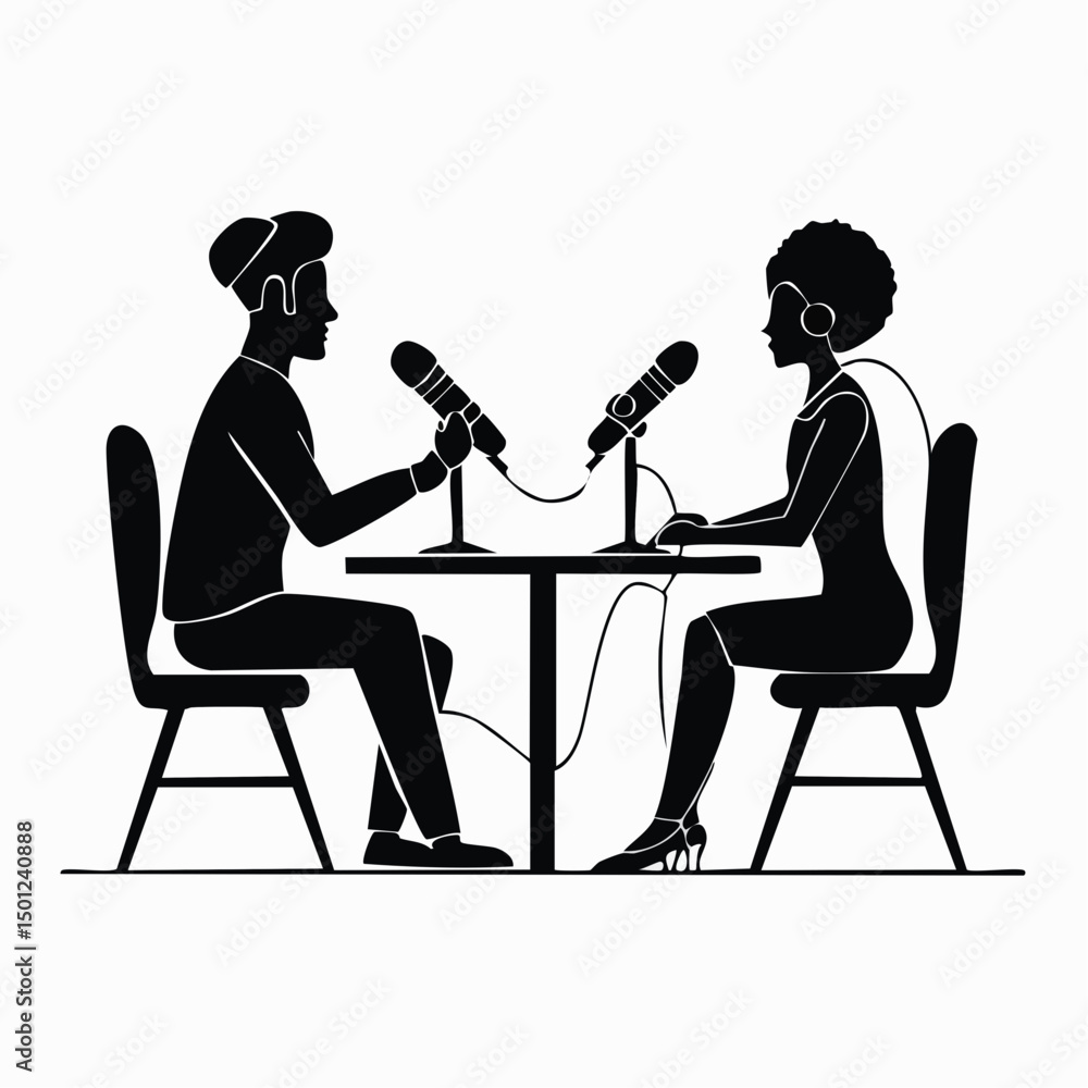 Fototapeta premium Podcaster Interviewing Guest Silhouette — Flat 2D Minimalist Vector