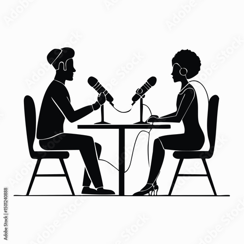 Podcaster Interviewing Guest Silhouette — Flat 2D Minimalist Vector