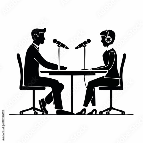 Podcaster Interviewing Guest Silhouette — Flat 2D Minimalist Vector