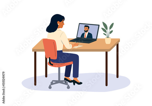 Online job interview. Recruitment and hiring via video call. HR and candidate communication. Virtual meeting, employer and employee. Flat vector illustration. Isolated on white background
