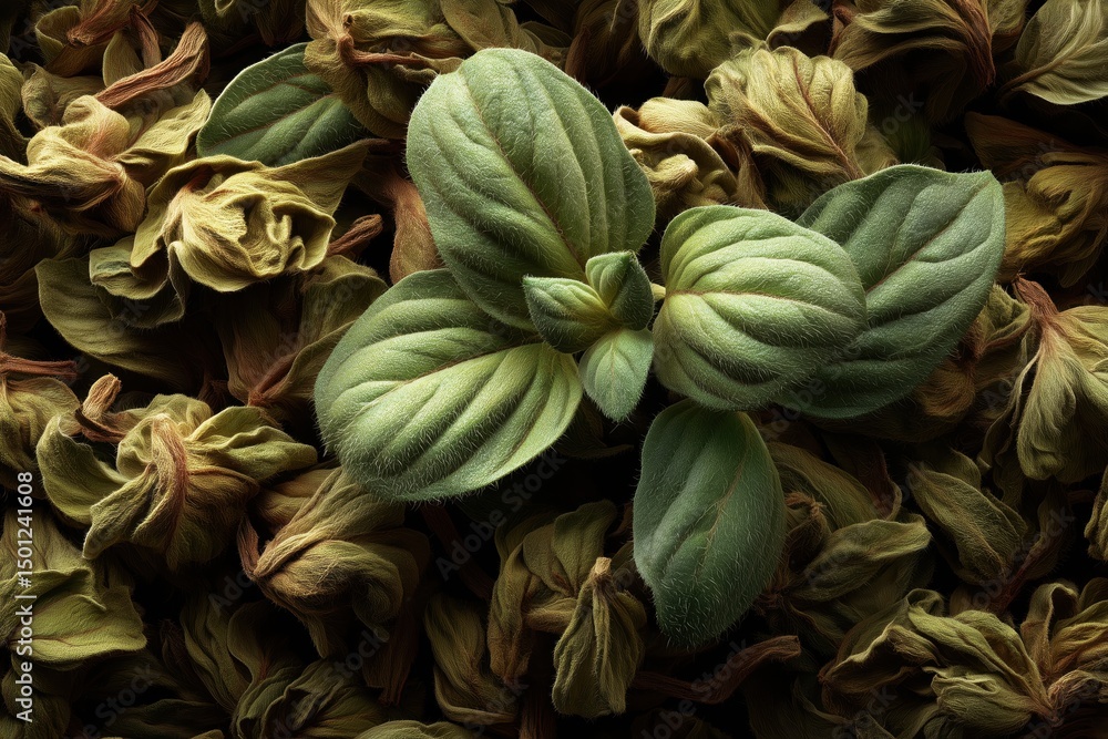 Obraz premium Closeup of dried oregano leaves herbal garden nature photography natural environment detailed view culinary herb essence
