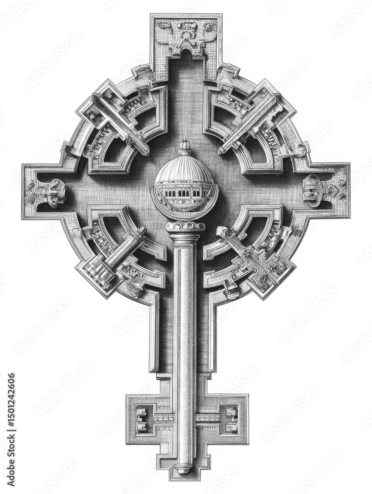 Obraz premium Icon-style Drawing of St. Peters Keys Featuring Open Top and Intricate Design Elements in Monochrome Artwork
