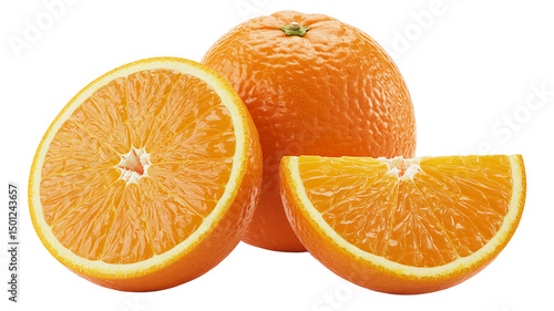  Orange juicy Slices and Whole Orange on Black Background