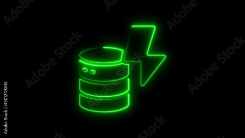 Glowing neon database server icon with lightning bolt concept design