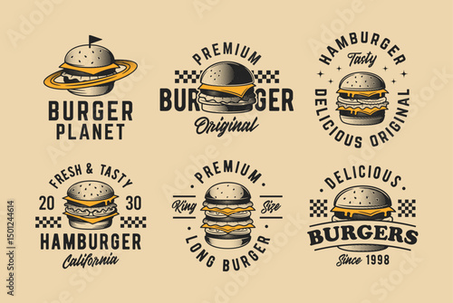 Vintage Burger, hamburger logo set. Retro halftone design. Burger house, Cafe, Restaurant, Fast Food Logo template. Vector illustration