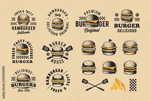 Collection of Burger, Hamburger logos, emblems, labels, badges. Set of 8 logo templates and 9 design elements for logo design. Burger house, Cafe, Restaurant, Fast Food Logo design. Vector templates