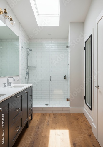 Modern Bathroom Interior Design Featuring Shower and Wooden Flooring