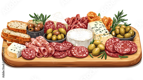 Charcuterie platter with cured meats, cheeses, olives, pickles, and artisan bread, set on a wooden cutting board isolated on a white background