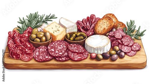 Charcuterie platter with cured meats, cheeses, olives, pickles, and artisan bread, set on a wooden cutting board isolated on a white background