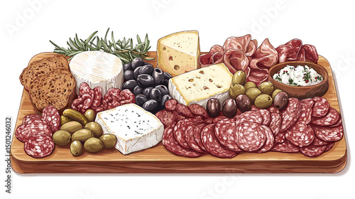 Charcuterie platter with cured meats, cheeses, olives, pickles, and artisan bread, set on a wooden cutting board isolated on a white background