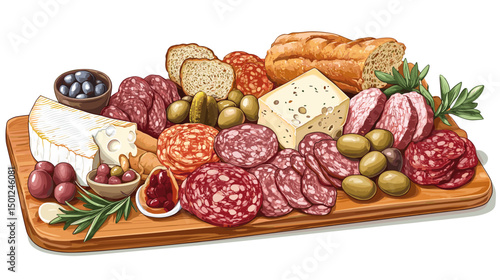 Charcuterie platter with cured meats, cheeses, olives, pickles, and artisan bread, set on a wooden cutting board isolated on a white background