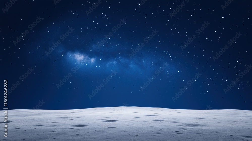 Naklejka premium Night sky view from lunar surface with stars and distant galaxy visible