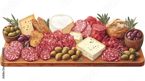 Charcuterie platter with cured meats, cheeses, olives, pickles, and artisan bread, set on a wooden cutting board isolated on a white background