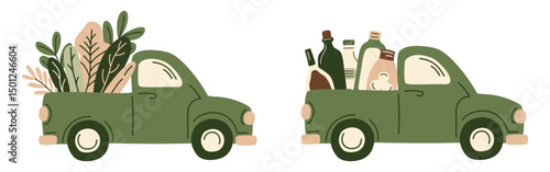 Vintage green pickup trucks loaded with fresh farm produce. Hand-drawn, rustic vector illustration featuring vegetables and bottles. Perfect for farmers markets, organic food, countryside designs.