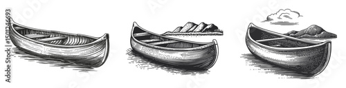 Detailed Vintage Illustration of Three Canoes with Scenic Backgrounds