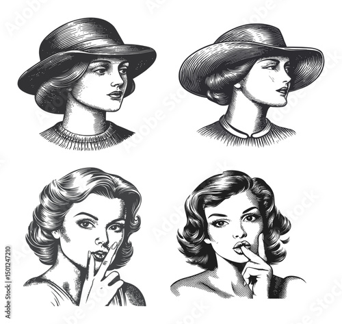 Vintage Female Portraits with Different Hairstyles and Expressions