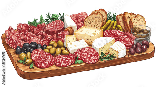 Charcuterie platter with cured meats, cheeses, olives, pickles, and artisan bread, set on a wooden cutting board isolated on a white background