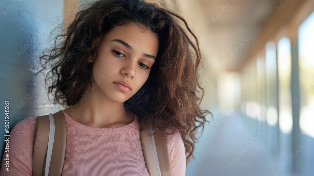 A Lonely Teenage Girl Standing Still in an Empty School Corridor After Class Ends, No One Around Her A Lonely Teenage Girl Standing Still in an Empty School Corridor After Class Ends, No One Around Her