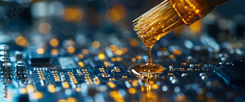 Close-up: Applying protective lacquer or glue to a circuit board with a brush