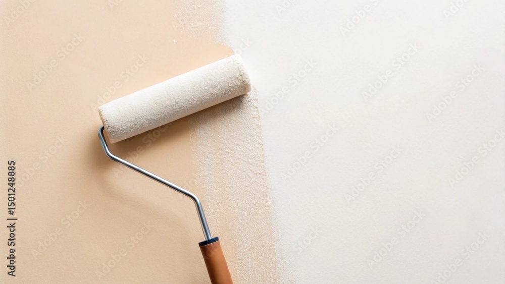Obraz premium A white paint roller with a classic wooden handle smooths a fresh coat of white paint onto a beige wall, creating a crisp, diagonal line of transformation